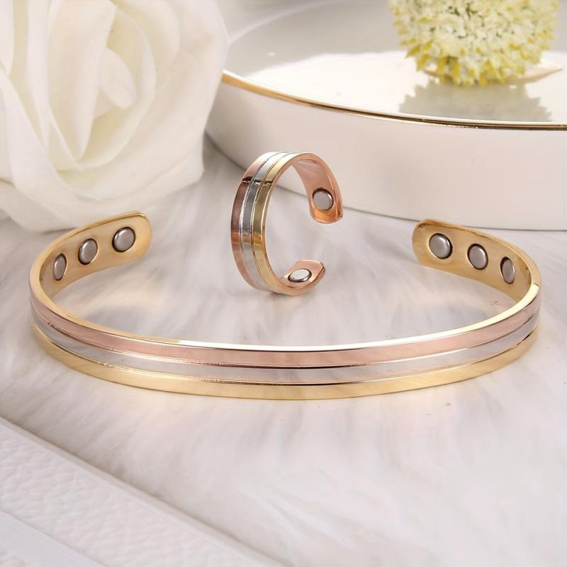 2pcs Set Copper Magnetic Bracelet & Lymphatic Drainage Ring for Women