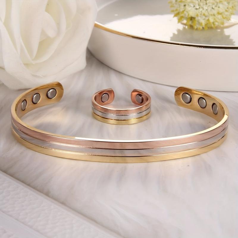 2pcs Set Copper Magnetic Bracelet & Lymphatic Drainage Ring for Women