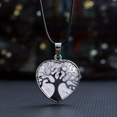 Natural Stone Crystal Agate Heart Pendant Necklace with Life Tree Charm