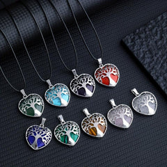 Natural Stone Crystal Agate Heart Pendant Necklace with Life Tree Charm