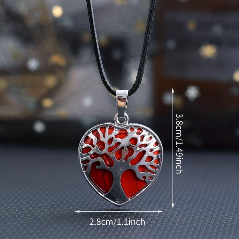Natural Stone Crystal Agate Heart Pendant Necklace with Life Tree Charm