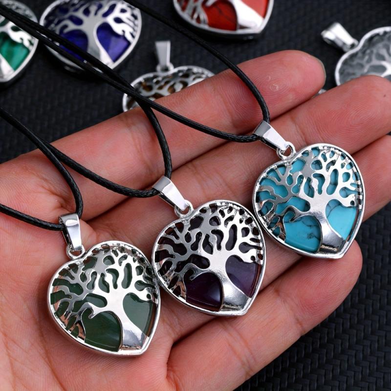 Natural Stone Crystal Agate Heart Pendant Necklace with Life Tree Charm