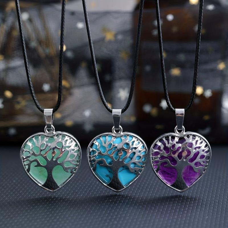 Natural Stone Crystal Agate Heart Pendant Necklace with Life Tree Charm