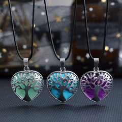Natural Stone Crystal Agate Heart Pendant Necklace with Life Tree Charm