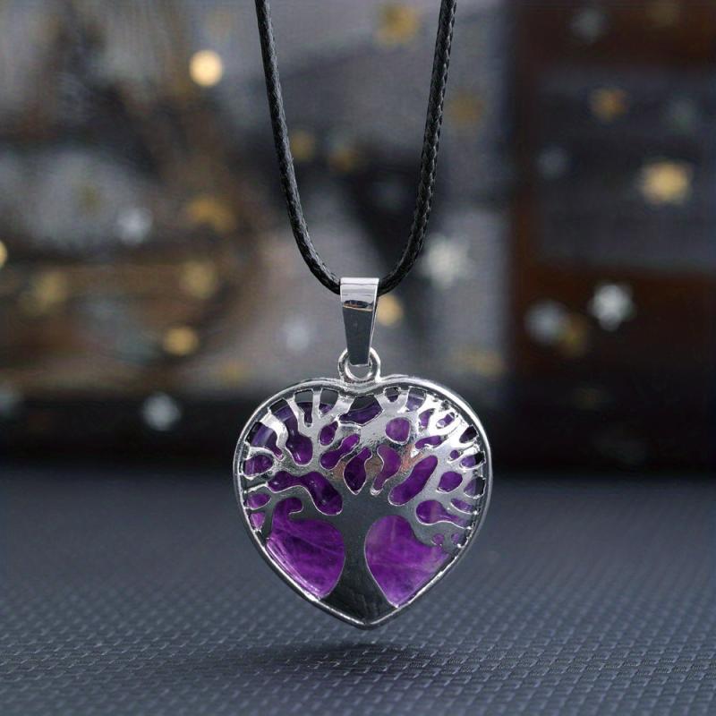 Natural Stone Crystal Agate Heart Pendant Necklace with Life Tree Charm