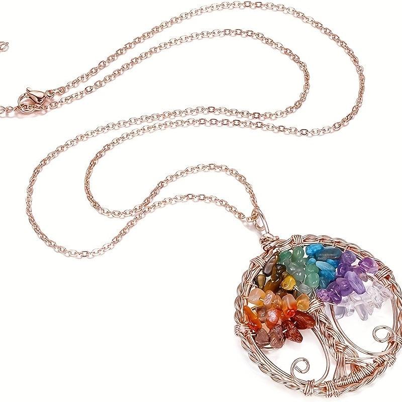 7 Chakra Healing Crystal Necklace Tree Of Life Pendant Reiki Stone Jewelry