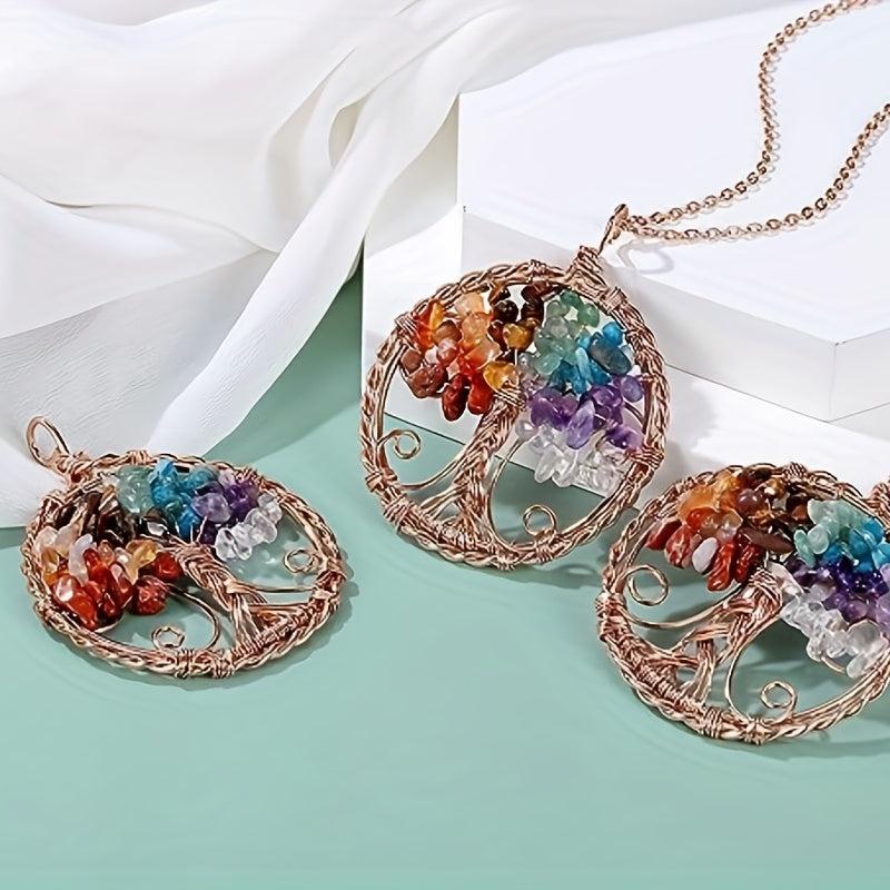 7 Chakra Healing Crystal Necklace Tree Of Life Pendant Reiki Stone Jewelry