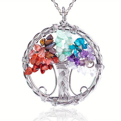 7 Chakra Healing Crystal Necklace Tree Of Life Pendant Reiki Stone Jewelry