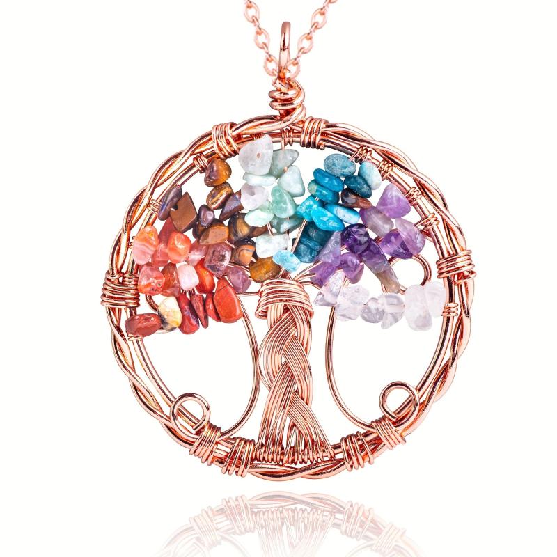 7 Chakra Healing Crystal Necklace Tree Of Life Pendant Reiki Stone Jewelry