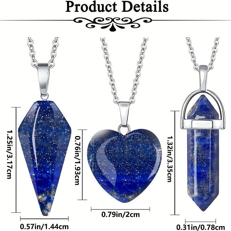 3Pcs Lapis Lazuli Crystal Stone Necklaces Set Real Crystal Quartz Pendant