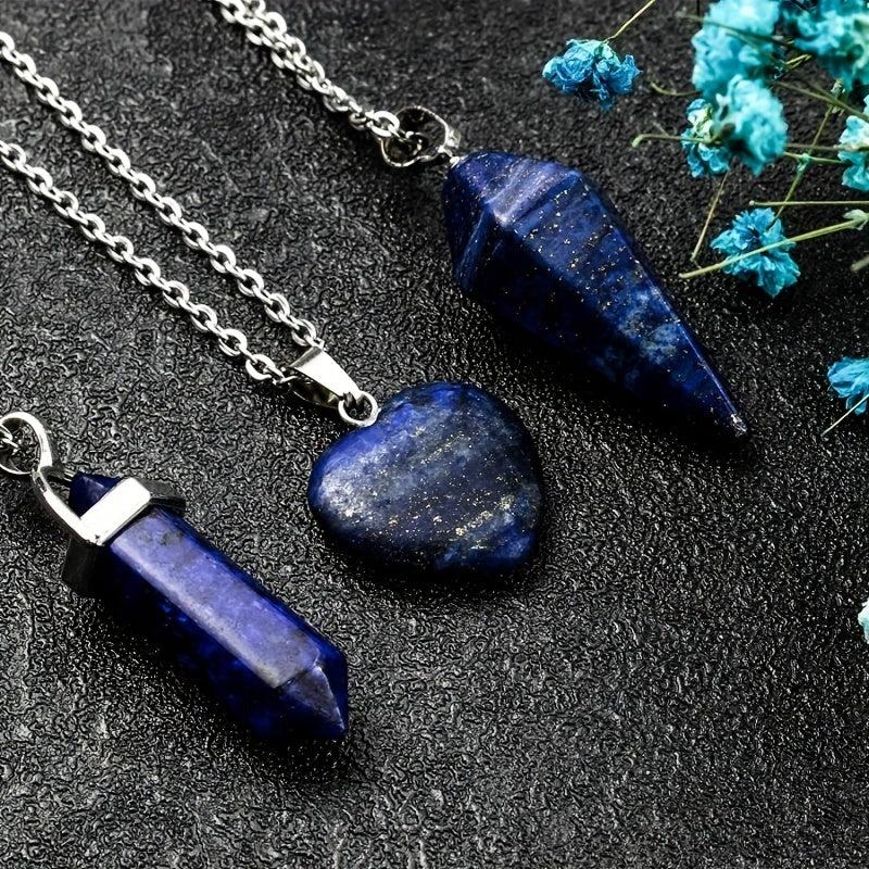 3Pcs Lapis Lazuli Crystal Stone Necklaces Set Real Crystal Quartz Pendant