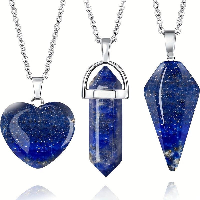 3Pcs Lapis Lazuli Crystal Stone Necklaces Set Real Crystal Quartz Pendant