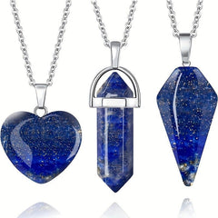 3Pcs Lapis Lazuli Crystal Stone Necklaces Set Real Crystal Quartz Pendant