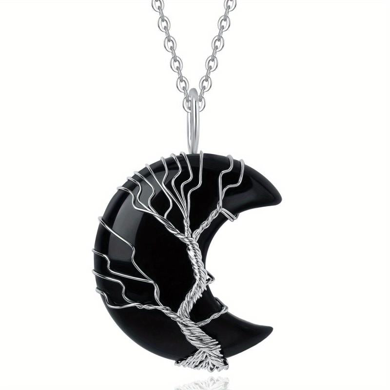 Healing Crystal Necklace Tree Of Life Wire Wrapped Amethyst Crescent Moon