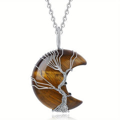 Healing Crystal Necklace Tree Of Life Wire Wrapped Amethyst Crescent Moon