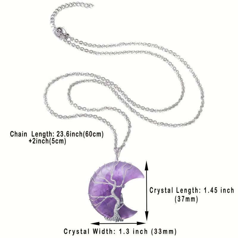 Healing Crystal Necklace Tree Of Life Wire Wrapped Amethyst Crescent Moon