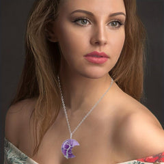 Healing Crystal Necklace Tree Of Life Wire Wrapped Amethyst Crescent Moon