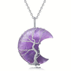 Healing Crystal Necklace Tree Of Life Wire Wrapped Amethyst Crescent Moon