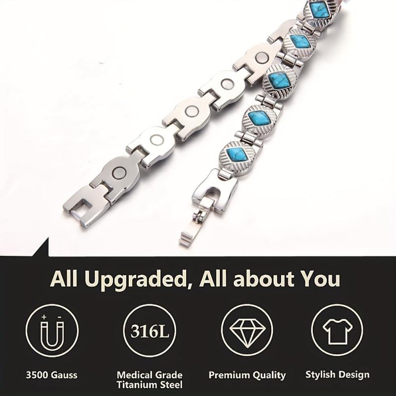 Stainless Steel Natural Turquoise Magnetic Bracelet 3500 Gauss