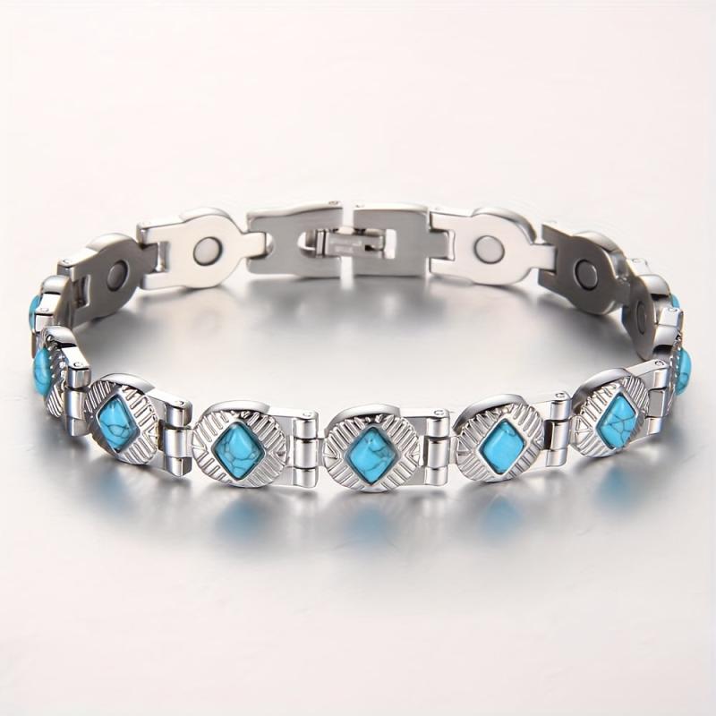 Stainless Steel Natural Turquoise Magnetic Bracelet 3500 Gauss