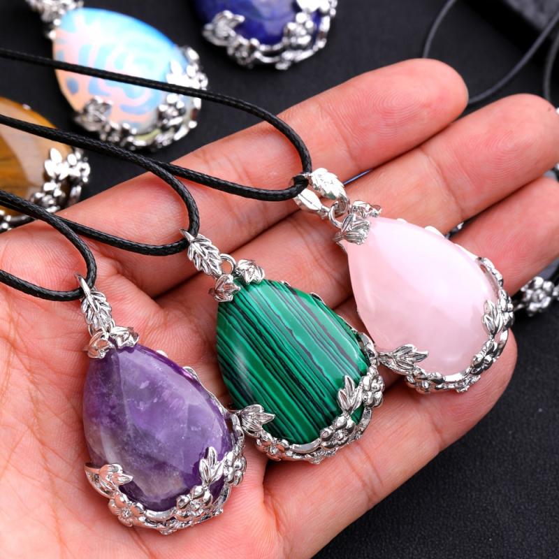 Natural Stone Pendant Rose Water Drop Healing Crystal Necklace DIY Jewelry