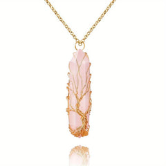 Healing Crystal Necklace Tree Of Life Wire Wrapped Natural Stone Pendant