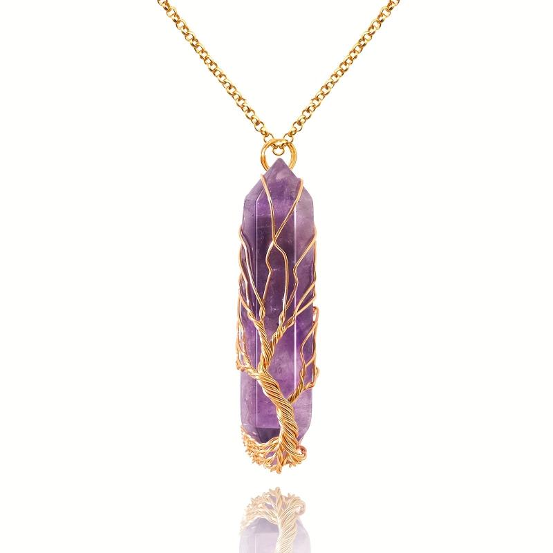 Healing Crystal Necklace Tree Of Life Wire Wrapped Natural Stone Pendant