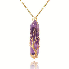 Healing Crystal Necklace Tree Of Life Wire Wrapped Natural Stone Pendant
