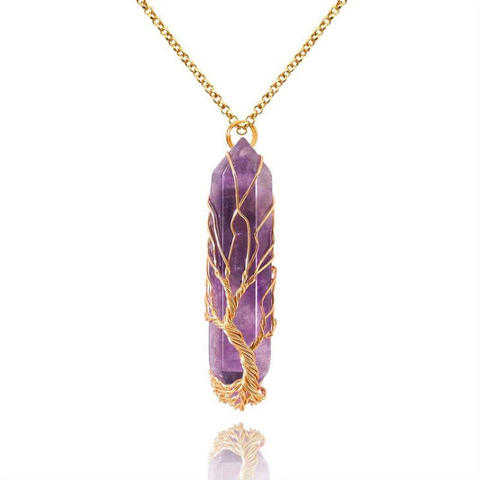Healing Crystal Necklace Tree Of Life Wire Wrapped Natural Stone Pendant