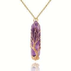 Healing Crystal Necklace Tree Of Life Wire Wrapped Natural Stone Pendant