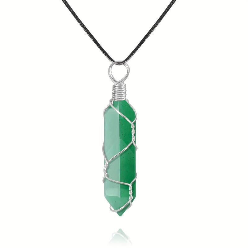 Green Aventurine Silk Wrapped Pendant Leather Necklace