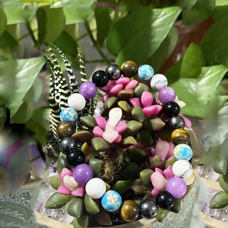 Amethyst Pine Stone Mixed Round Bead Bracelet Meditation
