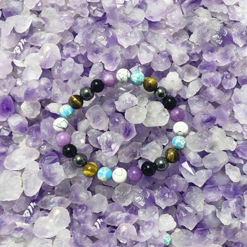 Amethyst Pine Stone Mixed Round Bead Bracelet Meditation