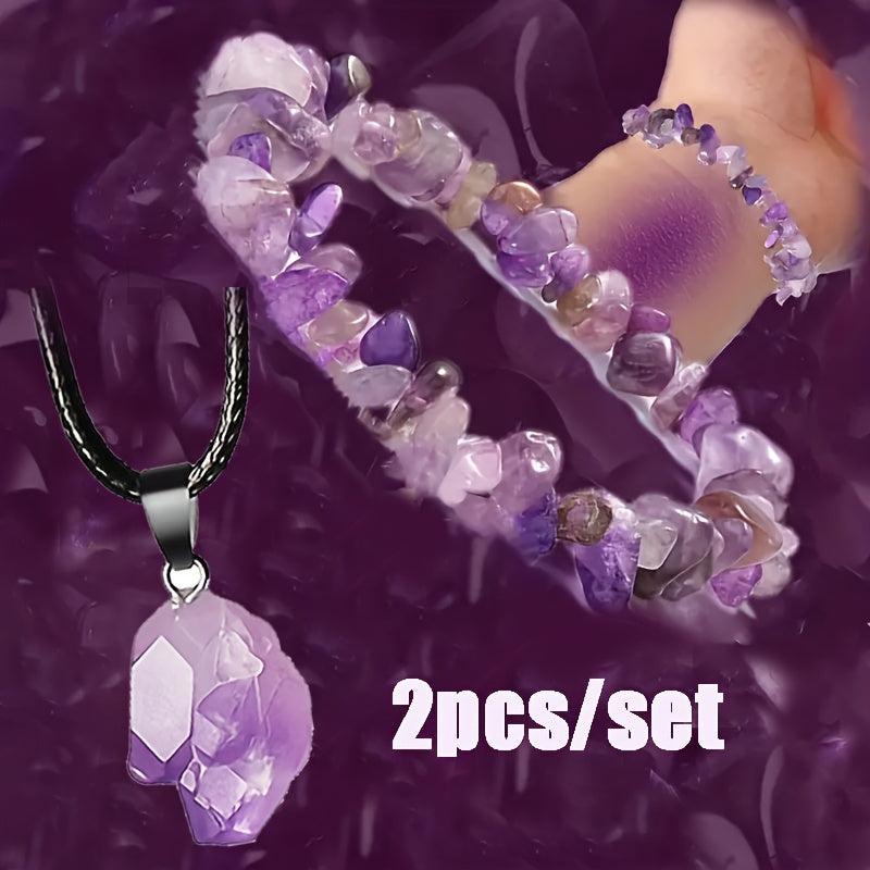 Amethyst Quartz Bracelet Pendant Necklace Set Purple Gemstone For Energy