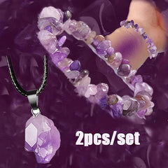 Amethyst Quartz Bracelet Pendant Necklace Set Purple Gemstone For Energy