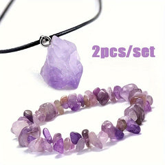Amethyst Quartz Bracelet Pendant Necklace Set Purple Gemstone For Energy