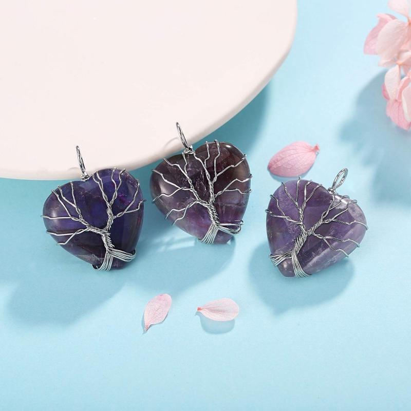 Amethyst Reiki Quartz Heart Necklace Wire Wrapped Stone Jewelry
