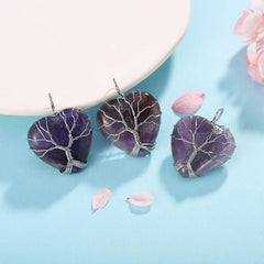 Amethyst Reiki Quartz Heart Necklace Wire Wrapped Stone Jewelry