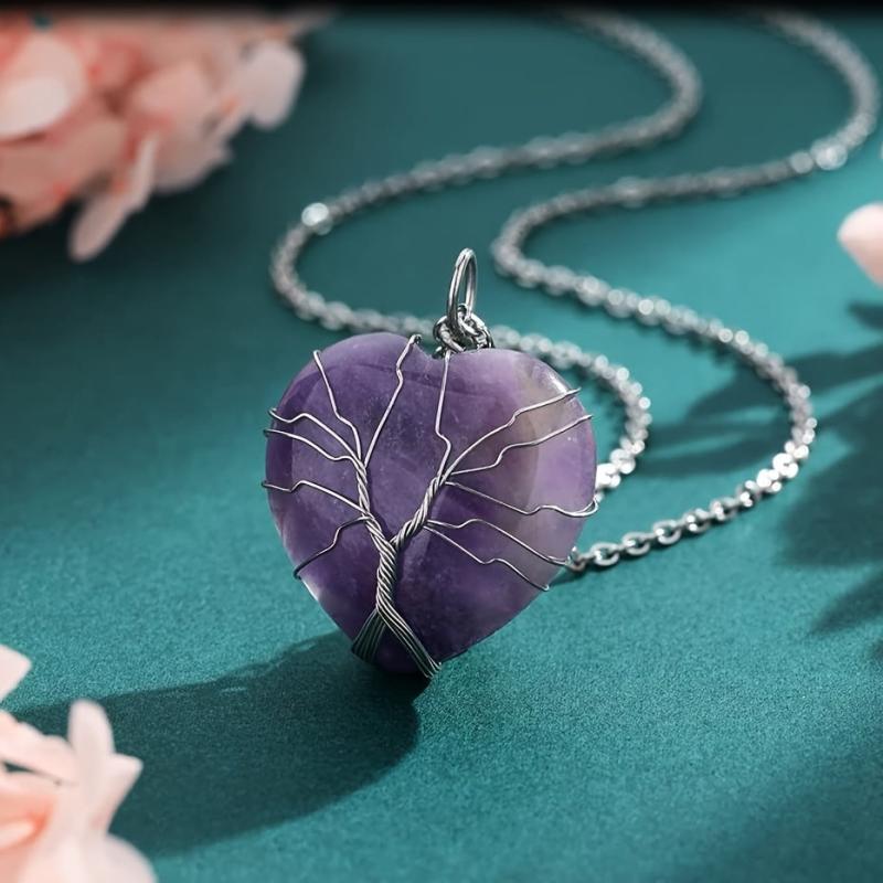 Amethyst Reiki Quartz Heart Necklace Wire Wrapped Stone Jewelry