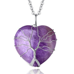 Amethyst Reiki Quartz Heart Necklace Wire Wrapped Stone Jewelry