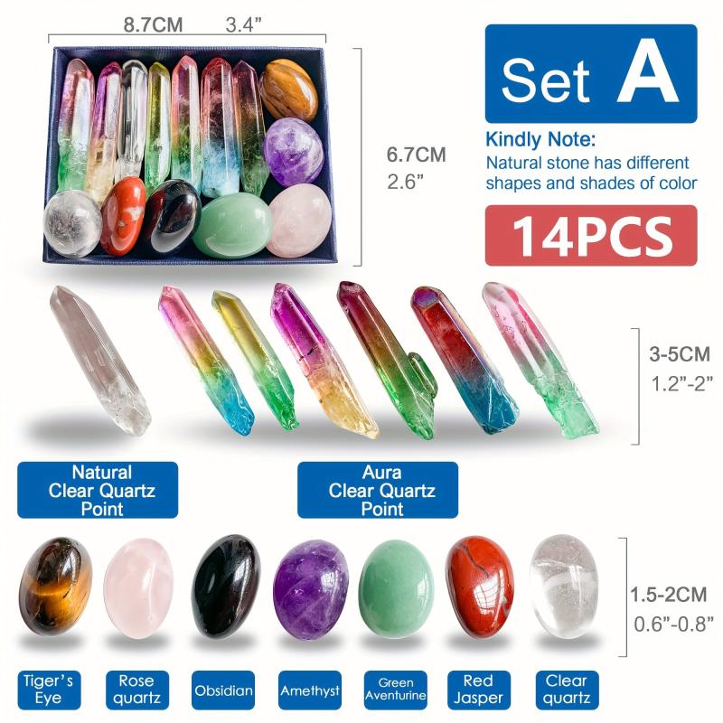 Chakra Rolling Stones & Clear Quartz Point Gemstones Set