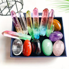 Chakra Rolling Stones & Clear Quartz Point Gemstones Set
