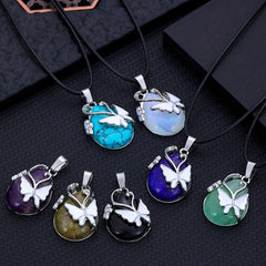 Butterfly Gemstone Necklace Rose Quartz Amethyst Opalite Healing Pendant