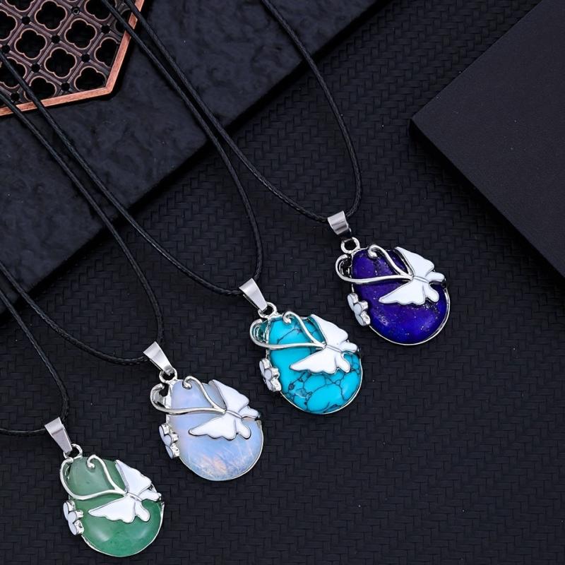 Butterfly Gemstone Necklace Rose Quartz Amethyst Opalite Healing Pendant