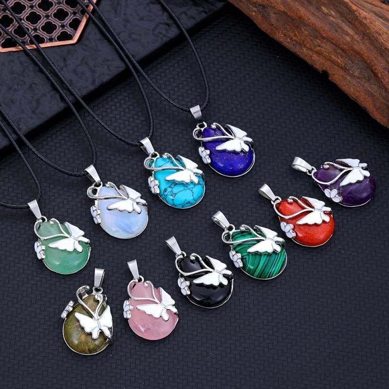 Butterfly Gemstone Necklace Rose Quartz Amethyst Opalite Healing Pendant