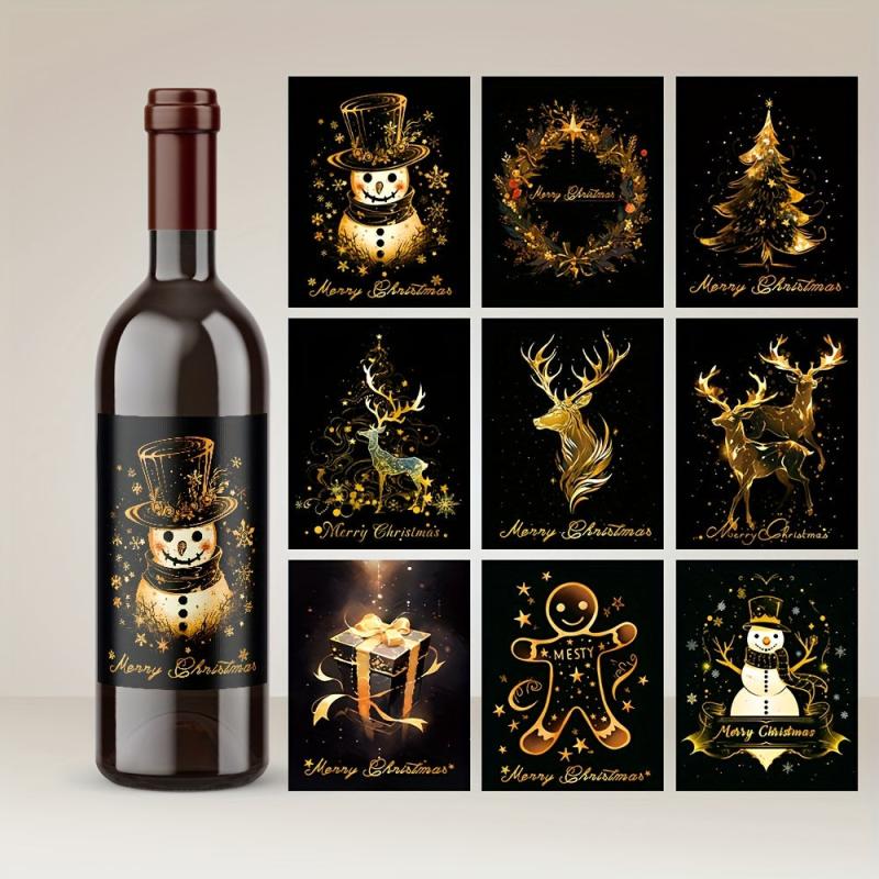 9pcs Christmas Wine Bottle Waterproof Stickers - Suitable For Christmas Parties