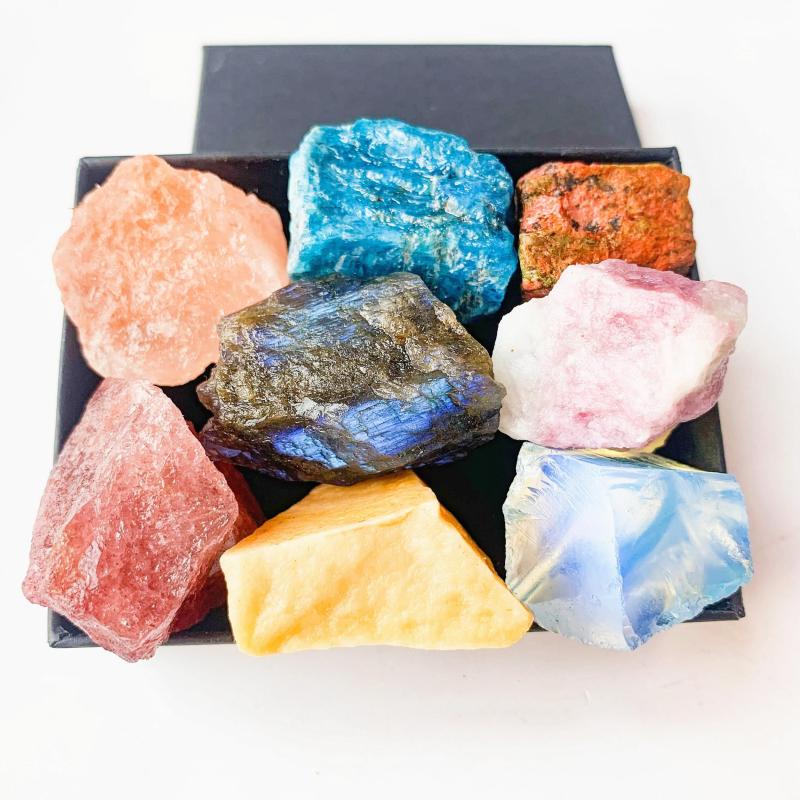 8pcs Natural Large Size Crystals & Gemstone Collection Box Chakra Stones Reiki