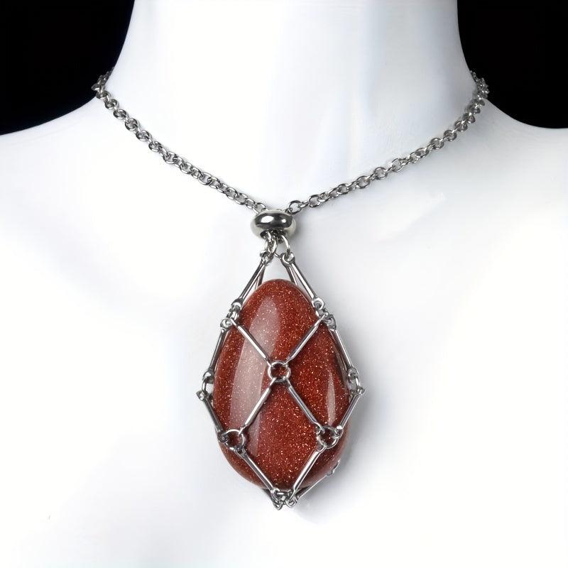 Natural Stone Bamboo Pendant Necklace DIY Mesh Pocket Energy Stone Gift