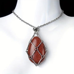 Natural Stone Bamboo Pendant Necklace DIY Mesh Pocket Energy Stone Gift