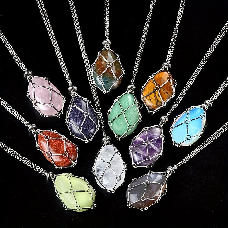 Natural Stone Bamboo Pendant Necklace DIY Mesh Pocket Energy Stone Gift